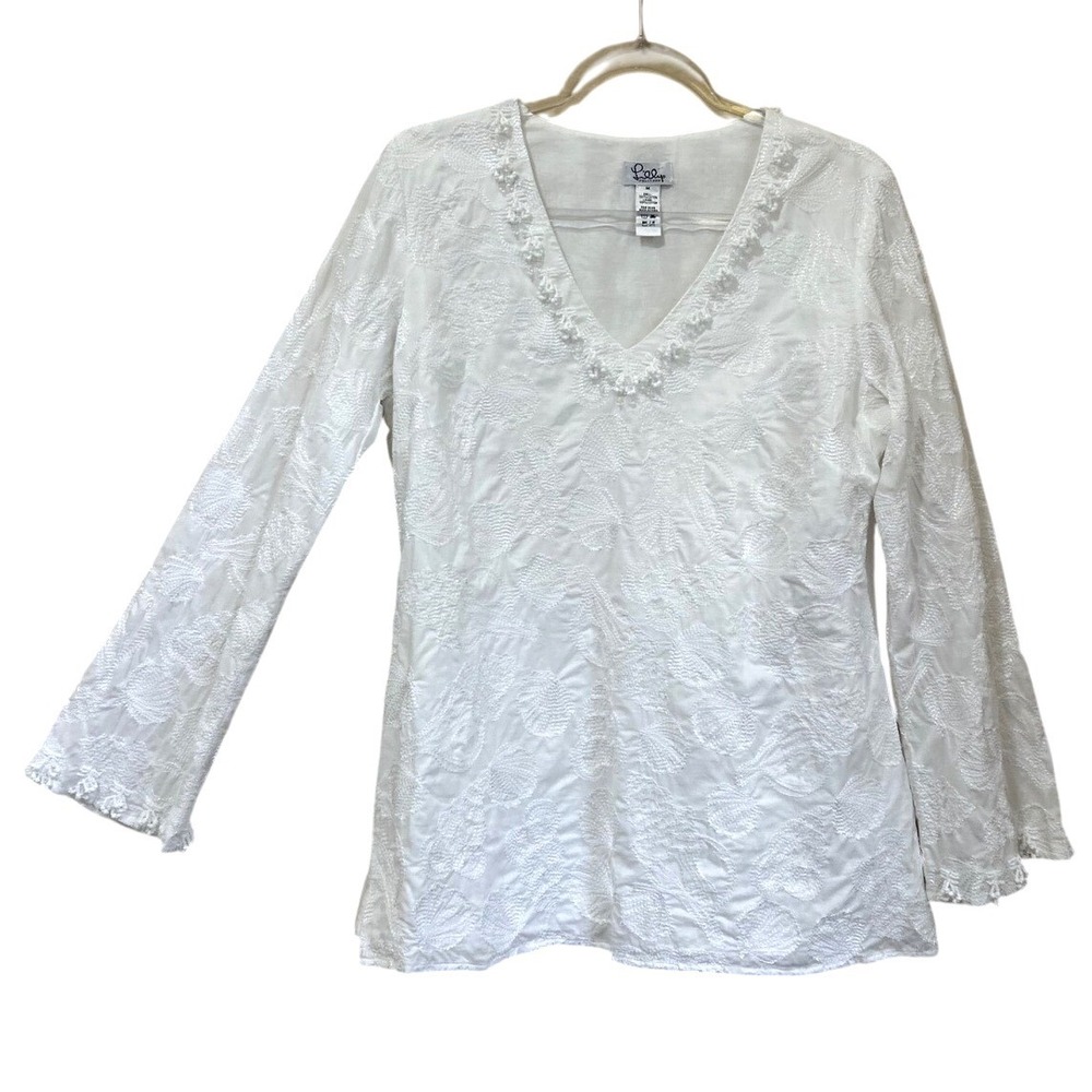 Lilly Pulitzer White Label M Cotton Seashell ‎ Embroidered Beaded Tunic Vintage